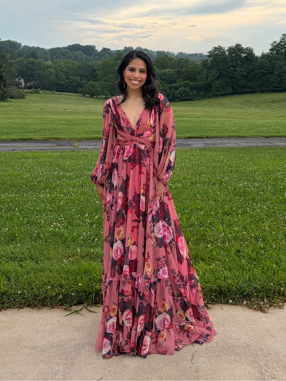 Mac Duggal Pink Floral Wrap Maxi Dress